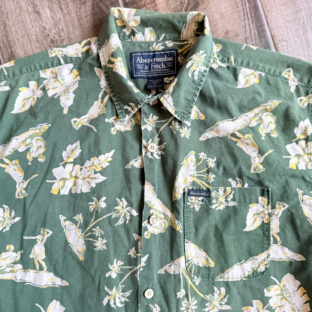 Abercrombie & Fitch Mens Vintage 90s Mens Hawaiian Hula Button Up Shirt, Green,L - Picture 4 of 11